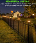Top Shelf Solar Post Cap Lights 8 Pack Offering Easy Swap Between 3000K And 6000K Led, lighting a metal fence at night.