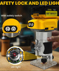 Cordless Wood Router Trimmer For 20V Battery With 6 Speed Settings, 800W Brushless Motor showing safety lock and LED light
