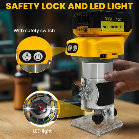 Cordless Wood Router Trimmer For 20V Battery With 6 Speed Settings, 800W Brushless Motor showing safety lock and LED light