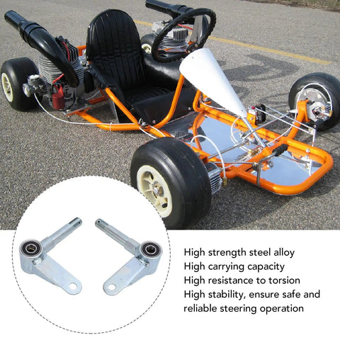 Go kart with inset showing Heavy Duty 15mm Front Wheel Steering Knuckle Spindle For Go Kart ATV Quad With M15 Thread Built Tough Steel Alloy