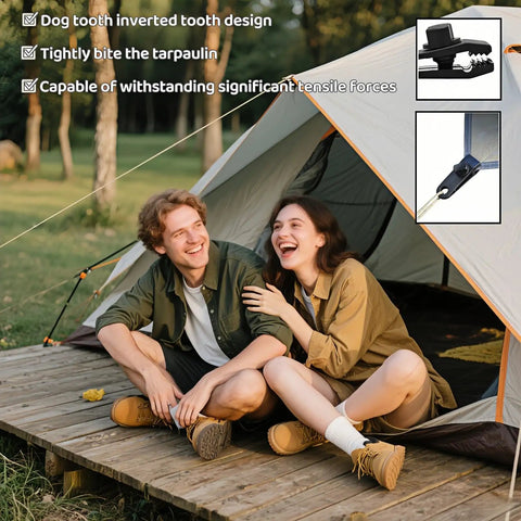 Outdoor setup using Heavy Duty Windproof Tent Clips With Anti Slip Teeth For Camping And Tarp Setups, Rugged Rope Clamps For Canopy