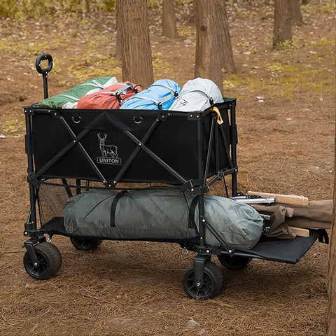 Double Decker Wagon With 600Lb Total Capacity And 400L Collapsible Utility Cart loaded with camping gear in forest