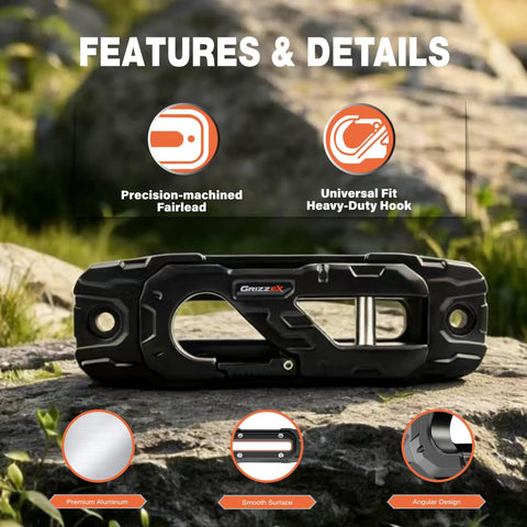 Beefy Heavy Duty Winch Fairlead With Hook For Off Road Recovery 33,000 Lbs Breaking Strength 17,600 Lbs Safe Working Load Aluminum Hawse Fairlead 40Cr Alloy Steel Core 1 Inch Bolt Pattern Fits Truck Jeep SUV ATV UTV Black, front view