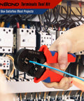 Self Adjusting Crimp Tool Kit With 1200 Ferrule Connectors, Red And Black Ratcheting Wire Crimper in use for electrical work