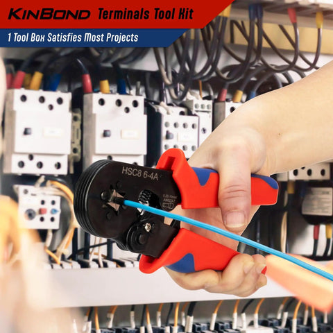 Self Adjusting Crimp Tool Kit With 1200 Ferrule Connectors, Red And Black Ratcheting Wire Crimper in use for electrical work