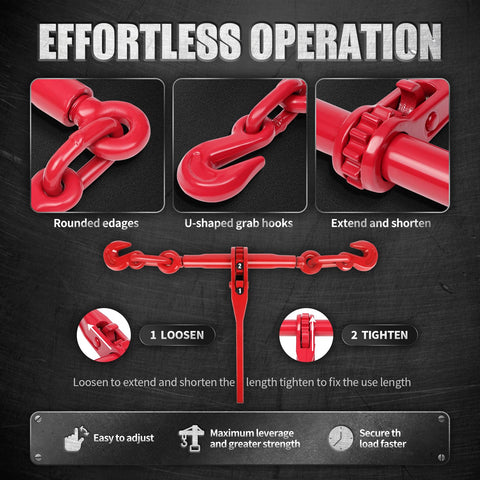 Close-up of Beefy Heavy Duty Ratchet Chain Load Binder showing red hooks and mechanism, ideal for truck tie downs and towing.