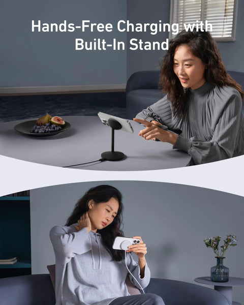 Woman using MagSafe Charger Stand For iPhone 17 16 15 14 13 Series 15W Fast Wireless Charging Station Qi2 Certified 360 Degree Adjustable Stand For Hands Free Viewing Sleek Magnetic Wireless Charger Dock at a desk.
