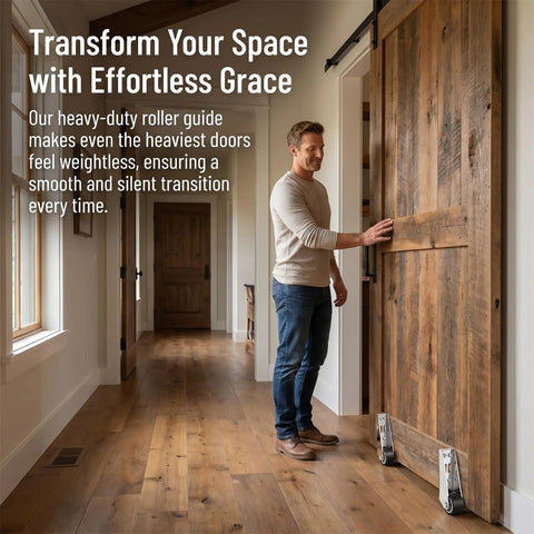 Heavy Duty Vertical Track Roller Wheels For Sliding Barn Doors And Home Cabinets Anti Wobble Bottom Guide Casters in action on a wooden door.