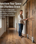 Heavy Duty Vertical Track Roller Wheel For Sliding Doors And Barn Cabinets With An Anti Wobble Bottom Guide shown in use on a wooden door.