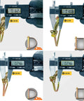 Close-up of a digital caliper measuring 20 Pack Trailer Hitch Pins Set with 1/4, 5/16, and 3/8 inch diameters, zinc plated, gold color.