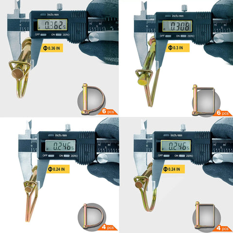 Close-up of a digital caliper measuring 20 Pack Trailer Hitch Pins Set with 1/4, 5/16, and 3/8 inch diameters, zinc plated, gold color.
