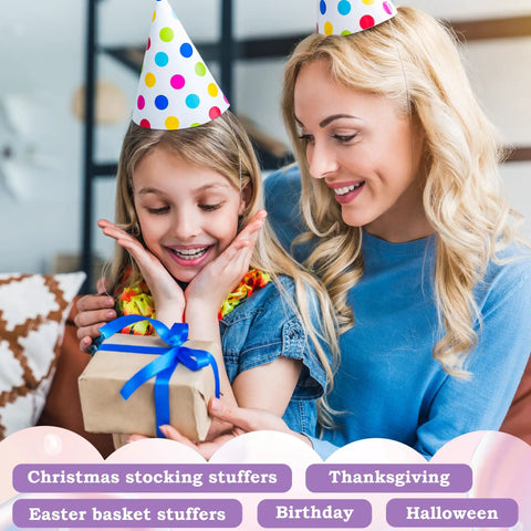 Mother and daughter wearing party hats, smiling with gift for 5300 Clay Beads Bracelet Making Kit For Kids Ages 8 To 12.