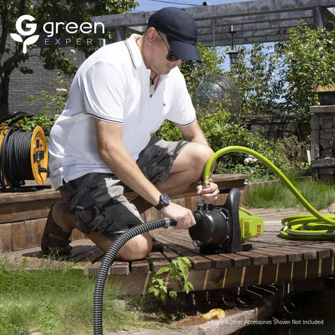 Person using pump connected to the 1 Inch ID PVC Suction Hose With Foot Valve Non Return Assembly 13 Foot Length All In One Pump Inlet Kit