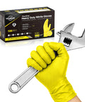 Hand holding a wrench wearing Badass Heavy Duty Nitrile Gloves With 6 Mil Yellow Raised Diamond Texture for grip and protection.
