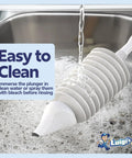 Heavy Duty Toilet Plunger With Long Sturdy Handle And Secure Grip For Deep Clogs Unclogger With Bellows Design being rinsed in sink