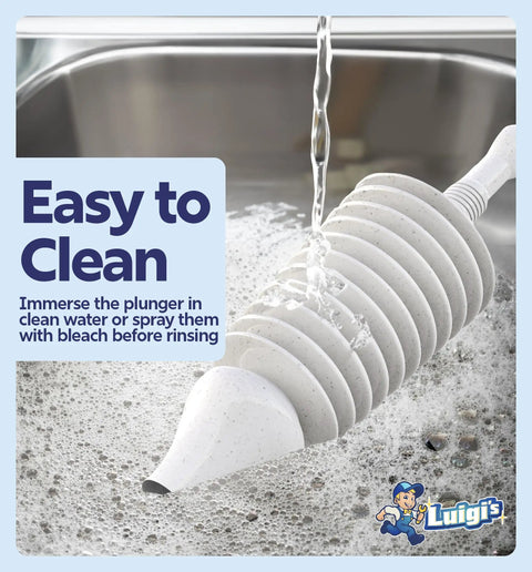 Heavy Duty Toilet Plunger With Long Sturdy Handle And Secure Grip For Deep Clogs Unclogger With Bellows Design being rinsed in sink