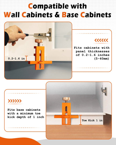 Door Mounting Jig For Cabinets That Lets You Hold Drill And Secure With One Tool No Extra Hands Needed, Base Cabinet Hinge Installation Positioner For Precise Alignment, Clamps Up To About Two Inches, Great For DIY Or Pro Work shown on a cabinet door