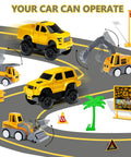Ultimate 216 Piece Construction Race Track Playset with 5 yellow cars on flexible track, including signs and palm tree.