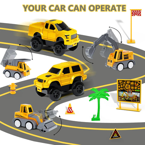 Ultimate 216 Piece Construction Race Track Playset with 5 yellow cars on flexible track, including signs and palm tree.