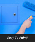 Dead Simple Six By Six Inch Drywall Access Panel Crafted From Bully Proof White Powder Coated Steel With Lockable Hardware, blue painted.