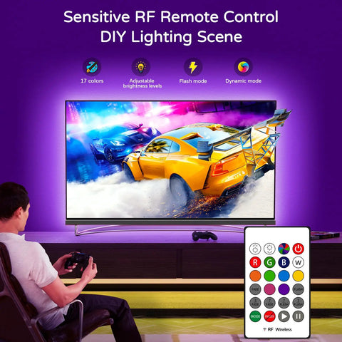 Dope LED Backlight Kit For 70 To 85 Inch TVs, 18ft USB Powered RGB Color Changing Strips, remote control, ambient lighting demo