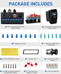 Package contents including Eight Gang Marine Switch Panel Waterproof Pre-Wired Rocker Panel With Blue LED Lights