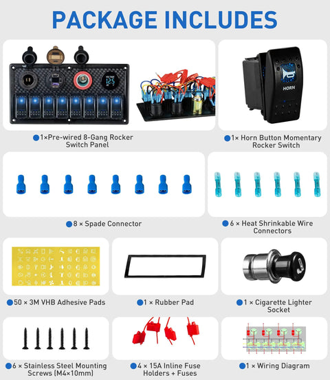 Package contents including Eight Gang Marine Switch Panel Waterproof Pre-Wired Rocker Panel With Blue LED Lights