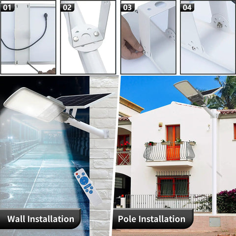 300W Solar Street Light With Remote, 6500K Daylight White, 24000 Lumens, wall and pole installation options, outdoor lighting