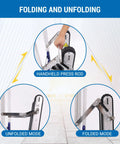 Folding and unfolding process of XSTO CT150PB Heavy Duty Electric Stair Climber with handheld press rod demonstration.