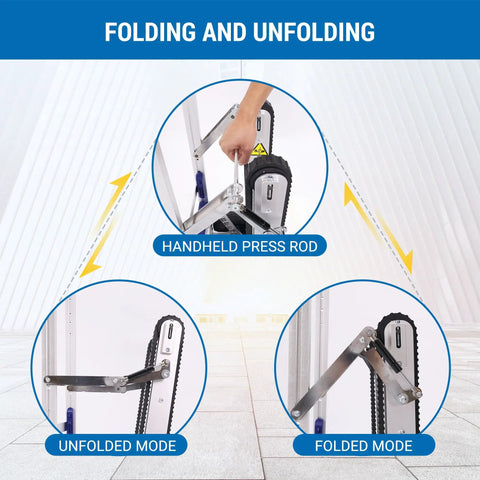 Folding and unfolding process of XSTO CT150PB Heavy Duty Electric Stair Climber with handheld press rod demonstration.