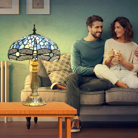 Blue Tiffany Style Dragonfly Stained Glass Table Lamp with Vintage Decor, LED bulbs, in cozy living room setting, 12x12x18 inches.