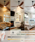 52 Inch Wood Walnut Outdoor Ceiling Fan With Lights And Remote Control in dimmable warm, natural, and cool light settings
