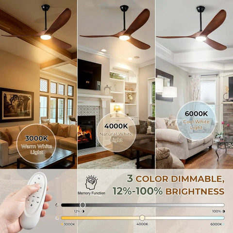52 Inch Wood Walnut Outdoor Ceiling Fan With Lights And Remote Control in dimmable warm, natural, and cool light settings