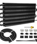 6 Pass Ultra Cool Tube and Fin Transmission Cooler for engine oil and transmission cooling, shown with installation kit parts.