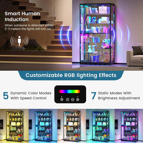 8-Tier RGB Glass Display Cabinet With Motion Sensor And Remote, Lockable Glass Doors, showcasing colorful lighting effects