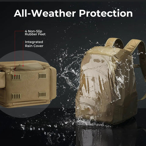 52L Fishing Tackle Backpack With Rod Holders And Four Tackle Boxes showing waterproof rain cover and non-slip rubber feet