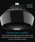 Close-up of Large Air Circulator Fan With Four Speeds For Whole Room Cooling showing 4 speed settings and airflow control.
