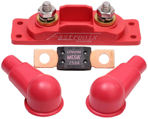 250 Amp Mega AMG Fuse Holder Kit With Four Mounting Holes, Five Sixteenth Inch Studs, Includes 250 Amp Fuse And Cable Boot Covers