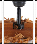 Pro Level German Steel Forstner Bit Set Includes Seven Workhorse Grade Drill Bits drilling smoothly into wood, producing shavings.