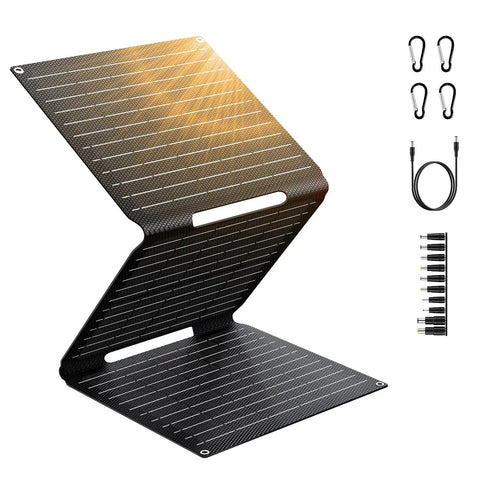 Compact 30W Foldable Solar Panel Charger With DC USB C USB A Outputs Waterproof And High Efficiency Portable Power Kit For Camping RV Vanlife Backpacking Phone Tablet And Power Bank Charging On The Go, shown folded with accessories