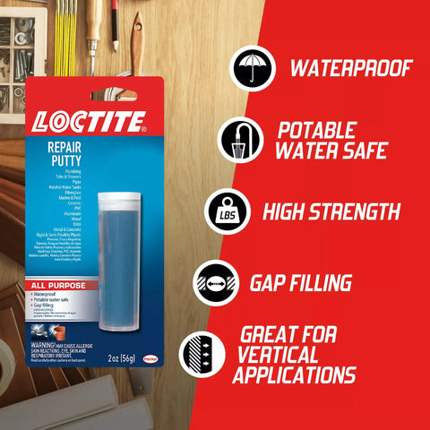 Epoxy Repair Putty Stick 2 Oz Hand Mixable Two Part System All Purpose Quick Set Moldable Adhesive That Bonds To Damp Surfaces And Cures Underwater For Home Marine And Plumbing Fixes 1 Pack packaging on a wooden surface.