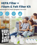 Family in living room with Shark Rotator Pro Lift Away NV500 Series Replacement Filter Fits NV501 NV502 NV503 NV505 NV510 NV520 NV552 UV560 NV642 ZU780 ZU782 ZU785 Compare To XFF500 Not For NV650 NV750 Series product packaging