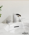 8 Inch Widespread Brushed Nickel Bathroom Faucet With Three Holes And Two Handles Waterfall Style Includes Pop Up Drain Assembly