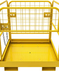 Front view of yellow 36x36 inch forklift safety cage with grid sides and diamond-plate floor