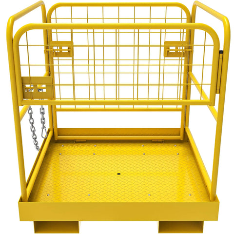 Front view of Built Tough Heavy Duty Forklift Safety Cage 1200 Lb Work Platform Foldable Man Basket for Aerial Jobs with rust-resistant yellow coating