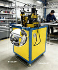 Professional Grade Heavy Duty 3 In 1 Hydraulic Iron Worker For Easy Steel Punching Chamfering And Cutting With Foot Pedal And Roll Casters For No Hassle Shop Builds 1500 Watt with visible control valves and dimensions.