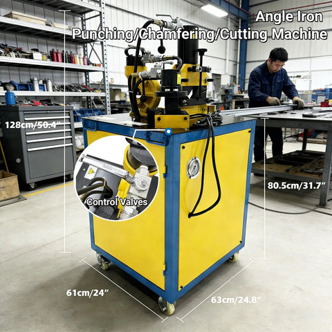 Professional Grade Heavy Duty 3 In 1 Hydraulic Iron Worker For Easy Steel Punching Chamfering And Cutting With Foot Pedal And Roll Casters For No Hassle Shop Builds 1500 Watt with visible control valves and dimensions.