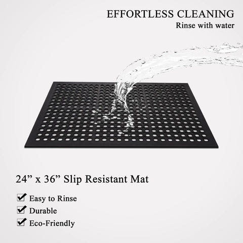 All Purpose Anti Fatigue Rubber Floor Mat With Drain Holes For Workplaces Kitchens And Bars Rugged Heavy Duty Non Slip 24 By 36 Inch Mat For Restaurant Bar Office And Industrial Use with water pouring over it