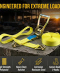 Heavy Duty Ratchet Straps 2 Inch By 17 Foot Rated For Up To 10000 Pounds featuring double J hooks on a concrete surface.