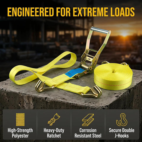 Heavy Duty Ratchet Straps 2 Inch By 17 Foot Rated For Up To 10000 Pounds featuring double J hooks on a concrete surface.